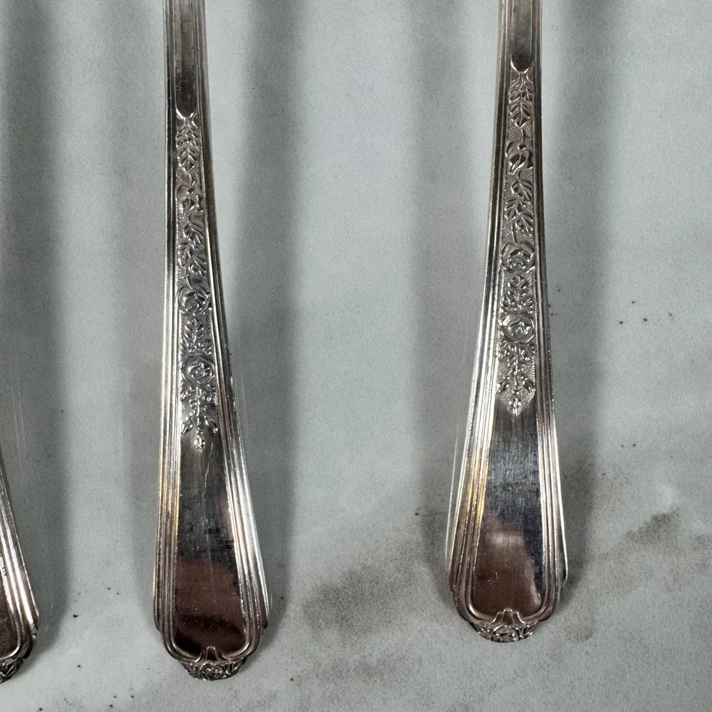 Set of 4 Plymouth Silver Plate Long Iced‎ Tea Spoons Jewel Rose Cottagecore